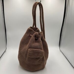 The Sak Brown Crochet Drawstring Backpack Bucket Bag Front Pocket Y2K  Vintage